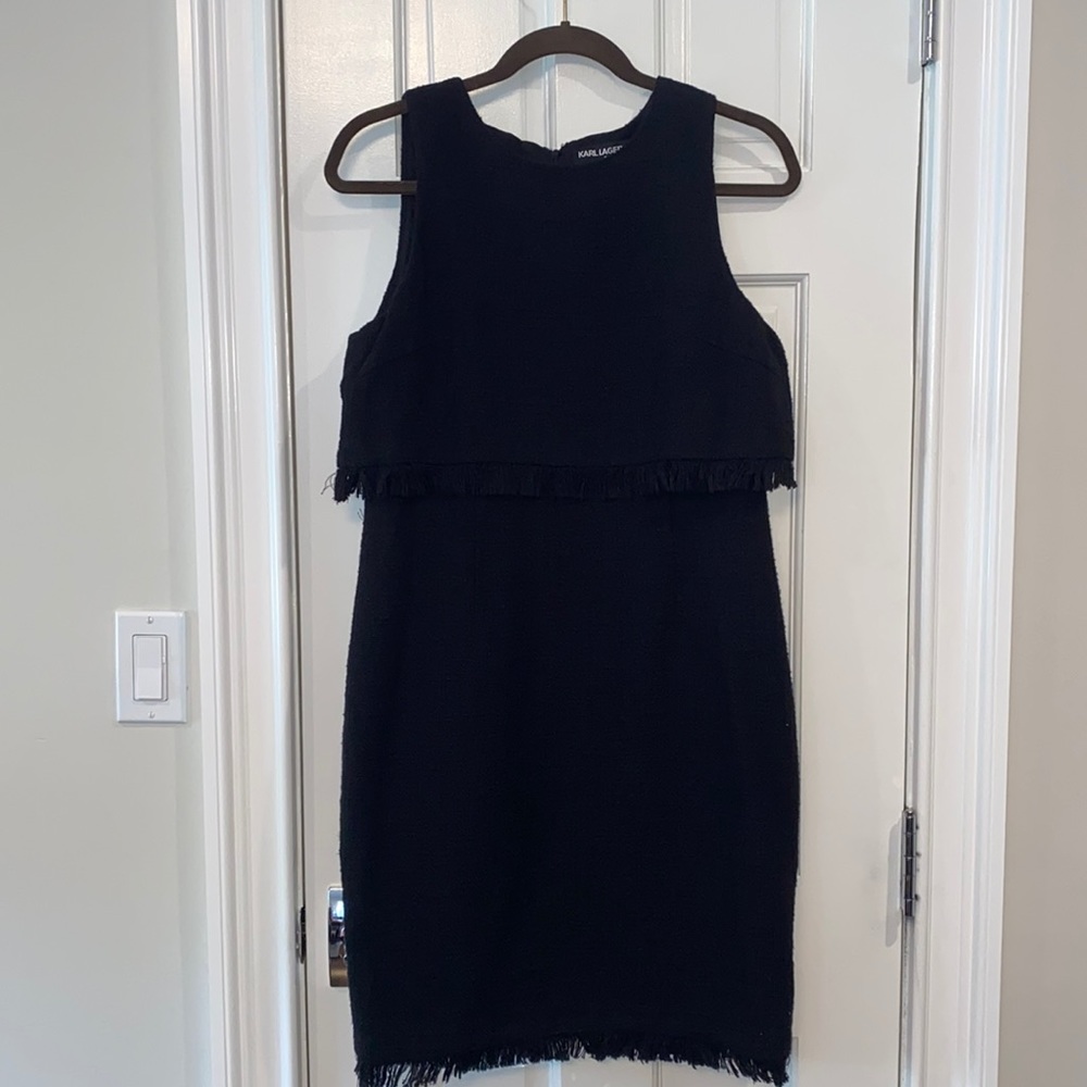 Karl Lagerfeld Black Tweed Fringe Sleeveless Drs